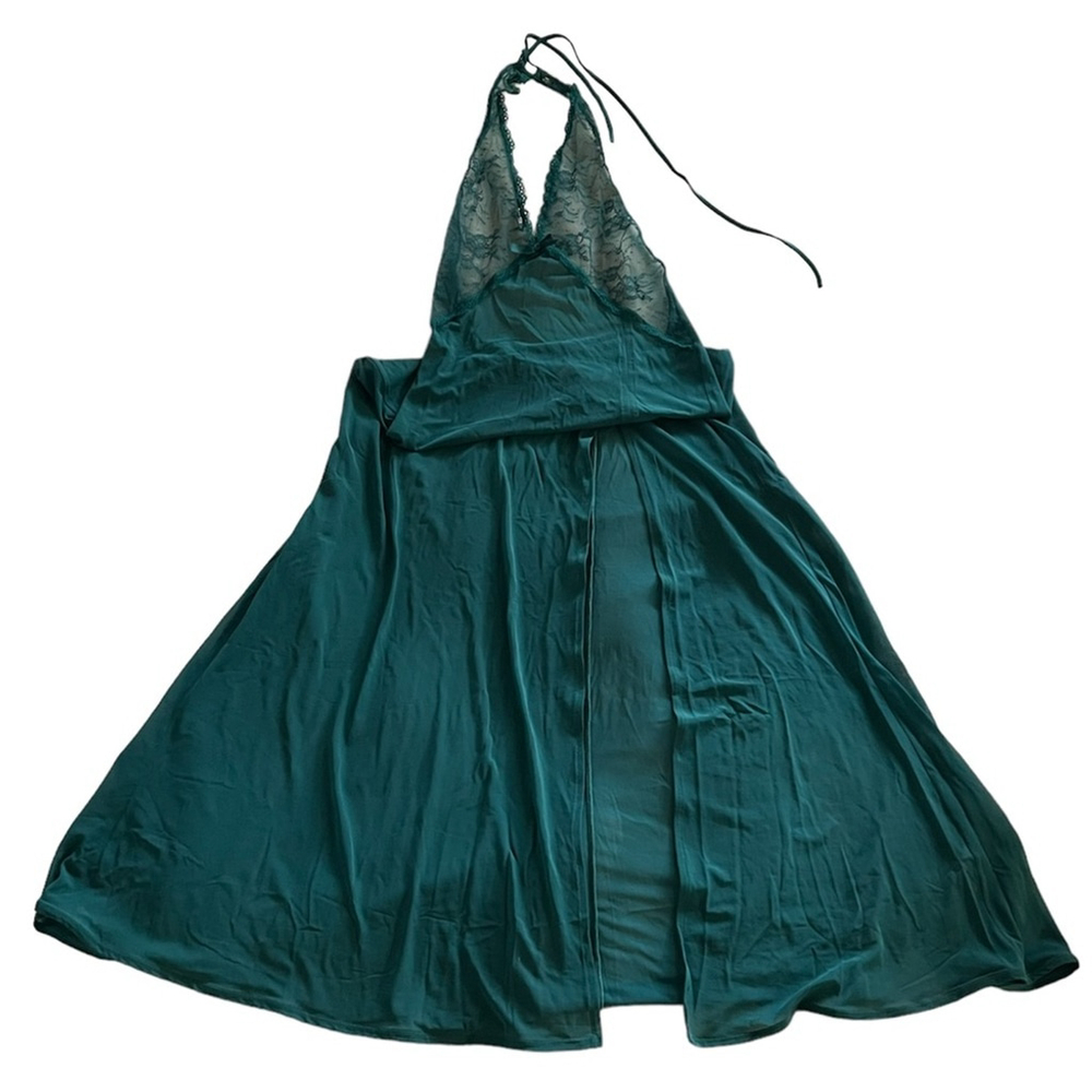 La Vie En Rose Sheer Green Maxi Halter Chemise with Side Slit.